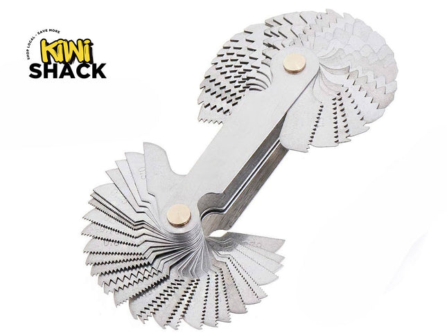 A dual-ended stainless steel screw pitch and thread gauge set with multiple folding serrated blades, featuring a "Kiwi Shack" logo in the top left corner.