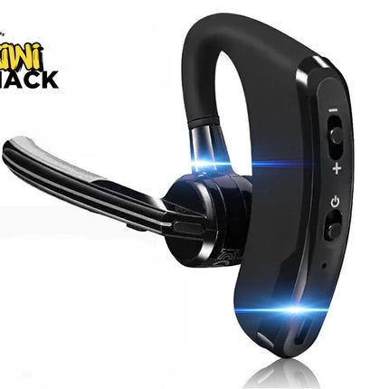 Black Bluetooth headset with visible brand logo on a white background