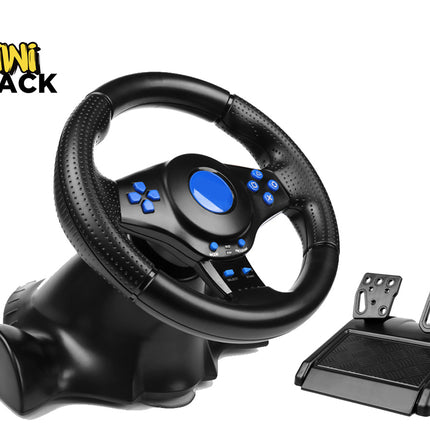 Black steering wheel and pedals with blue accents on a white background, branded 'Kiwi Shack'.
