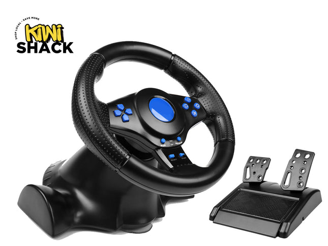 Black steering wheel and pedals with blue accents on a white background, branded 'Kiwi Shack'.