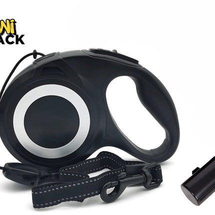 Kiwi Shack heavy-duty retractable dog leash with reflective tape strap and portable waste bag holder.