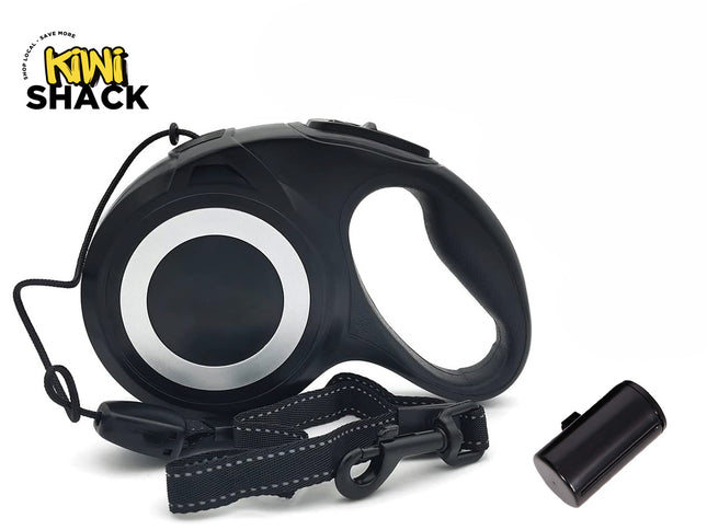 Kiwi Shack heavy-duty retractable dog leash with reflective tape strap and portable waste bag holder.