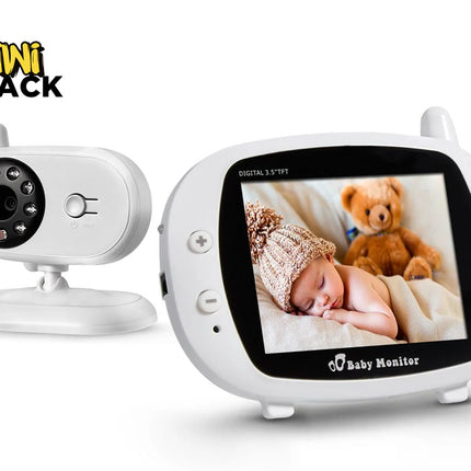 Baby monitor with screen displaying a child and teddy bear, branded as Kiwi Shack.