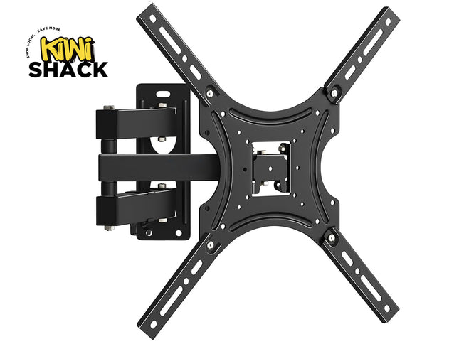Black TV wall mount with Kiwi Shack logo on a white background