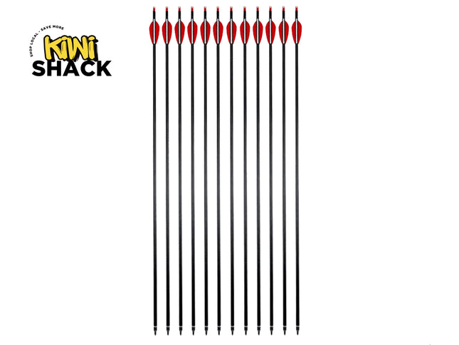 Set of black arrows with red nocks on a white background, featuring the Kiwi Shack logo.