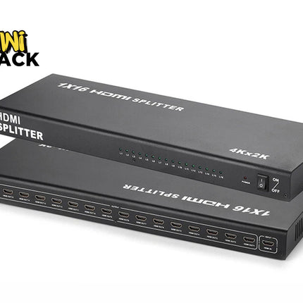 Two black 1x16 HDMI splitters stacked on a white background, with a 'Kini Shack' logo in the top-left corner.