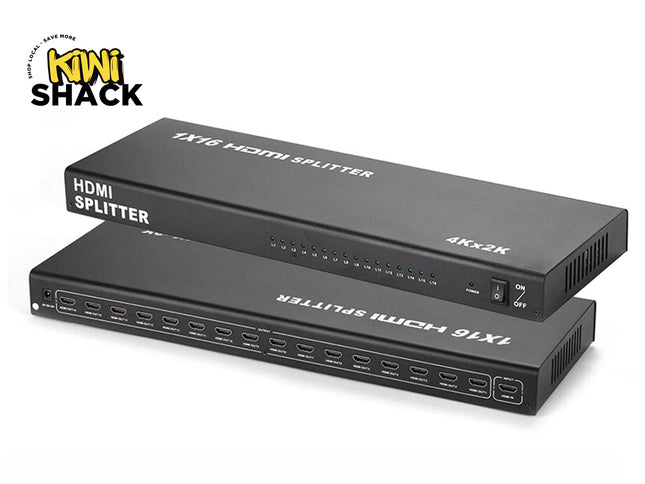 Two black 1x16 HDMI splitters stacked on a white background, with a 'Kini Shack' logo in the top-left corner.