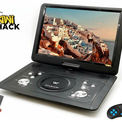 Portable DVD player with screen displaying a scenic view, remote control, and gaming controller on a white background. Kiwi Shack logo visible.