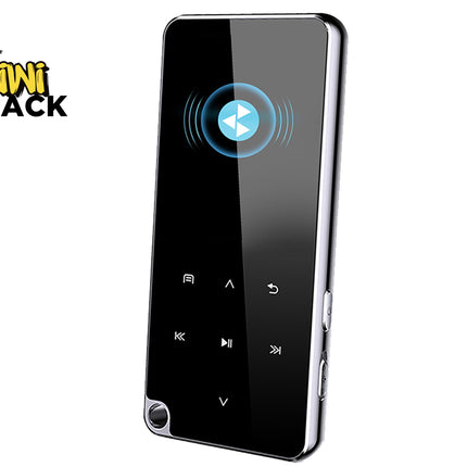 A black portable media player with a glossy screen and silver metallic edges, shown at an angle on a white background with a Kiwi Shack logo in the top-left corner.