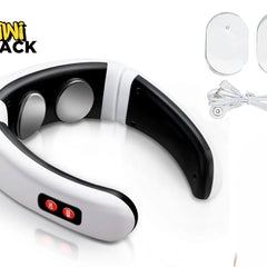 A white and black wearable electronic neck massager featuring two metal contact pads, red control buttons, and two electrode pads with a connecting cable in the upper right, set against a white background with the "Kiwi Shack" logo in the top left corner.