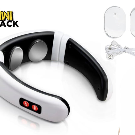 A white and black wearable electronic neck massager featuring two metal contact pads, red control buttons, and two electrode pads with a connecting cable in the upper right, set against a white background with the "Kiwi Shack" logo in the top left corner.