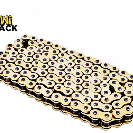Coiled gold-tone heavy-duty drive chain / motorcycle chain with dark pins/rivets, neatly folded/layered flat, and the Kiwi Shack logo watermark.