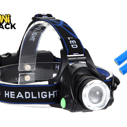 Black LED headlight with blue accents on a white background, featuring the Kiwi Shack brand.