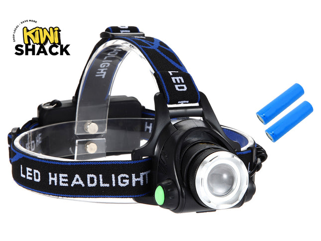 Black LED headlight with blue accents on a white background, featuring the Kiwi Shack brand.
