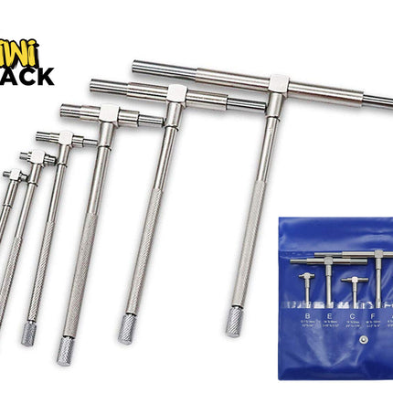 A set of telescopic hole gauge tools of various sizes with knurled handles, displayed alongside a blue storage pouch, featuring the "Kiwi Shack" logo in the top-left corner