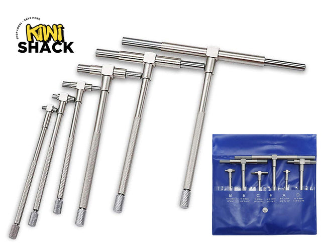 A set of telescopic hole gauge tools of various sizes with knurled handles, displayed alongside a blue storage pouch, featuring the "Kiwi Shack" logo in the top-left corner