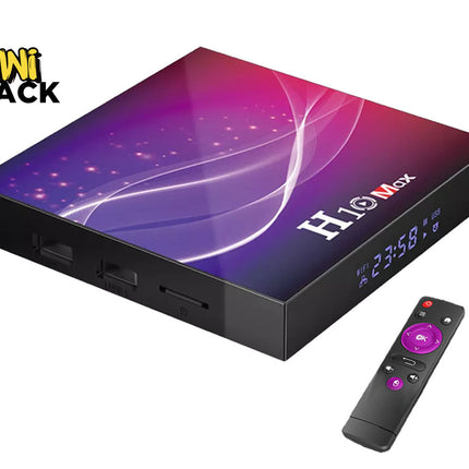 H10 Max TV box with remote control on a white background, branded with Kiwi Shack.
