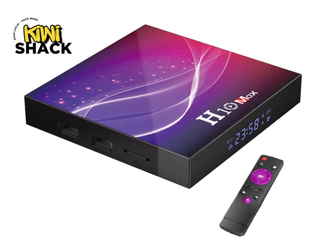 H10 Max TV box with remote control on a white background, branded with Kiwi Shack.