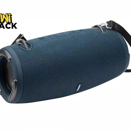 Dark blue cylindrical portable Bluetooth speaker wrapped in mesh fabric, featuring dual exposed end-cap passive bass radiators, top control buttons, strap anchor loops with a black carrying strap attached, a front power/status indicator light, and the Kiwi Shack logo watermark.