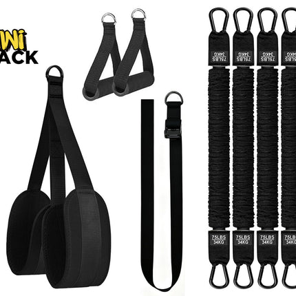 Fitness set with black padded ab slings, a pair of D-ring handles, a black adjustment strap with cam buckle, four heavy-duty fabric-covered resistance bands labeled 75LBS/34KG with loop ends, and Kiwi Shack logo in top left.