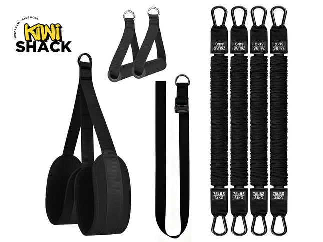 Fitness set with black padded ab slings, a pair of D-ring handles, a black adjustment strap with cam buckle, four heavy-duty fabric-covered resistance bands labeled 75LBS/34KG with loop ends, and Kiwi Shack logo in top left.