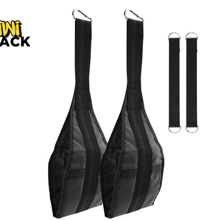 Pair of black padded ab/leg raise hanging slings with upper metal snap hooks, two separate vertical hanging straps with D-rings on the right, and Kiwi Shack logo in top left.