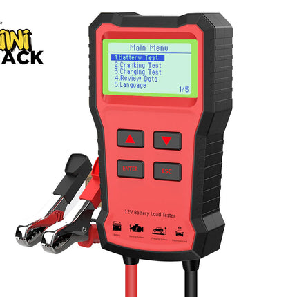Red battery load tester with digital display on a white background, featuring the Kiwi Shack brand.