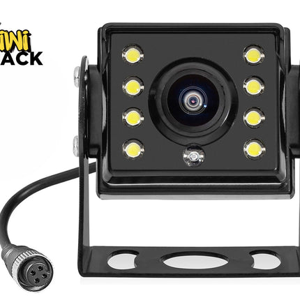 A black rectangular backup camera with surrounding LED night-vision lights mounted in a U-shaped metal bracket, featuring an attached cable with a 4-pin connector, set against a white background with the "Kiwi Shack" logo in the top left corner.