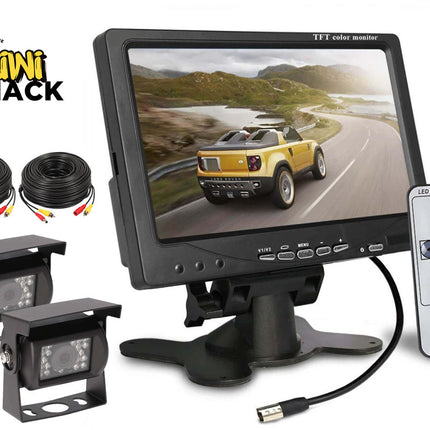 Car monitoring system with monitor, cameras, cables, and remote control on a white background.