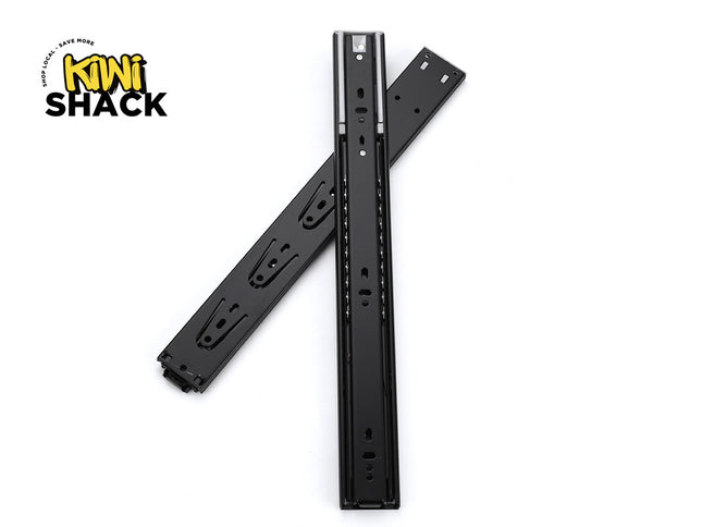 Black metal drawer slides on a white background with 'Kiwi Shack' branding.