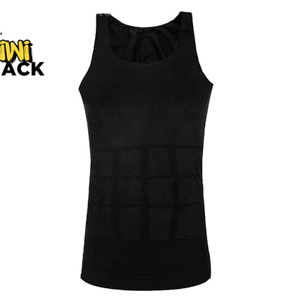 Black men's compression shaping tank top with targeted abdominal contouring panels, scoop neckline, and Kiwi Shack logo in top left.