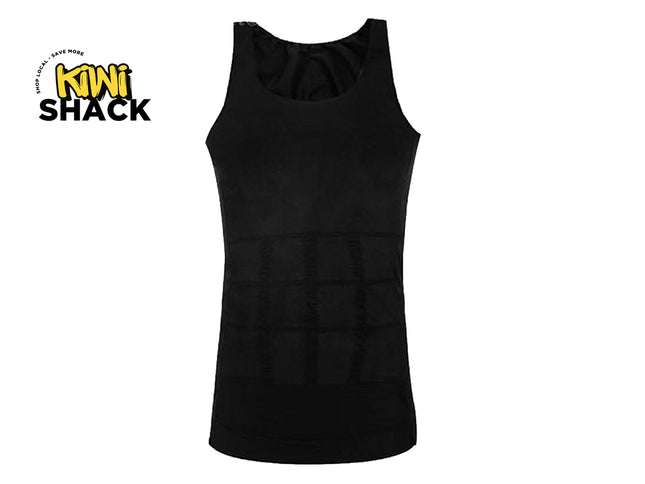 Black men's compression shaping tank top with targeted abdominal contouring panels, scoop neckline, and Kiwi Shack logo in top left.
