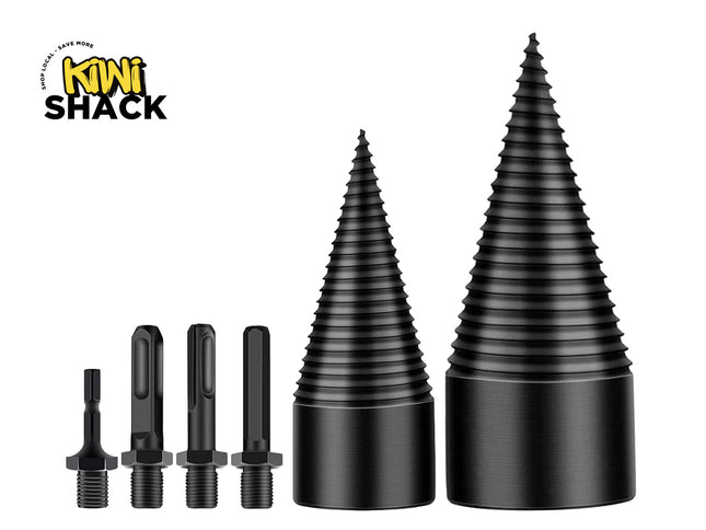 Four black threaded cone-shaped accessories displayed on a white background, with two larger tapered pieces and two smaller straighter pieces. The Kiwi Shack logo appears in the upper left corner.