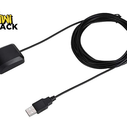 A black USB cable with a small black rectangular connector on one end and a USB-A plug on the other, coiled on a white background. The Kiwi Shack logo is visible in the top-left corner.