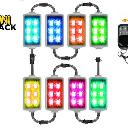 Six rectangular LED light bars in different color modes (blue, orange, green, yellow, red, pink) arranged in two rows, with a black remote control on the right and the Kiwi Shack logo on the top left, all on a white background.