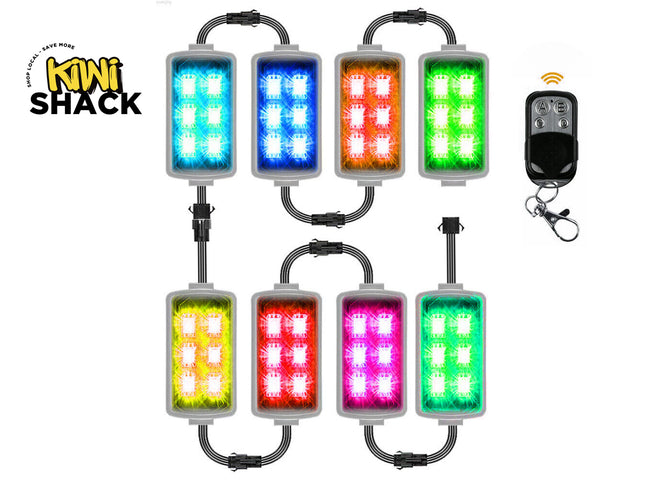 Six rectangular LED light bars in different color modes (blue, orange, green, yellow, red, pink) arranged in two rows, with a black remote control on the right and the Kiwi Shack logo on the top left, all on a white background.
