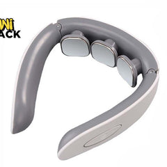 Grey and white U-shaped electronic neck massager / cervical massage device featuring three floating electrode massage pads along the inner curve, ergonomic flexible hinge arms, a control button area on the side grip tip, and the Kiwi Shack logo watermark.