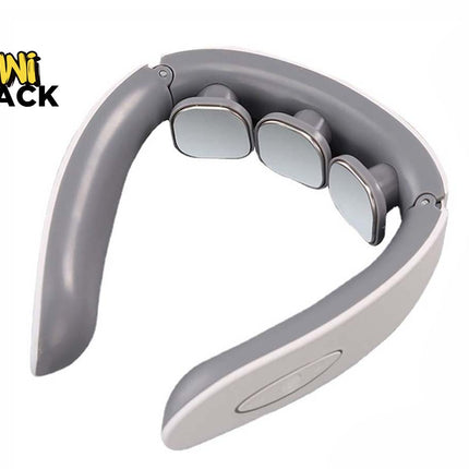 Grey and white U-shaped electronic neck massager / cervical massage device featuring three floating electrode massage pads along the inner curve, ergonomic flexible hinge arms, a control button area on the side grip tip, and the Kiwi Shack logo watermark.