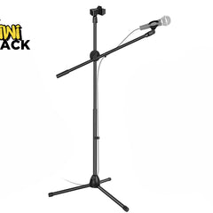 An adjustable black tripod microphone stand with a boom arm holding a microphone and a phone clip, featuring the "Kiwi Shack" logo in the top-left corner.