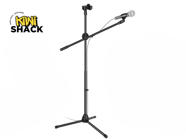 An adjustable black tripod microphone stand with a boom arm holding a microphone and a phone clip, featuring the "Kiwi Shack" logo in the top-left corner.