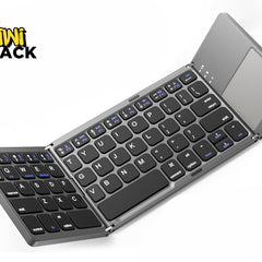 A compact gray tri-fold wireless Bluetooth keyboard with black keys and an integrated touchpad on the right section, featuring a "Kiwi Shack" logo in the top left corner.