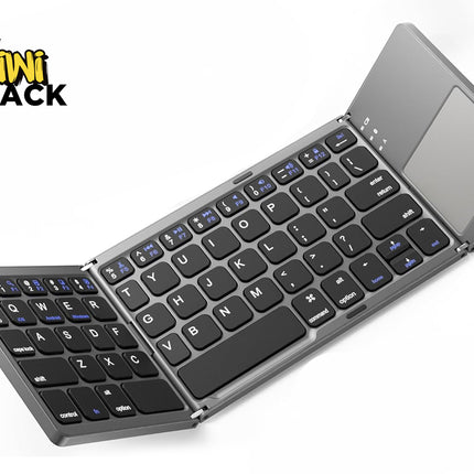 A compact gray tri-fold wireless Bluetooth keyboard with black keys and an integrated touchpad on the right section, featuring a "Kiwi Shack" logo in the top left corner.