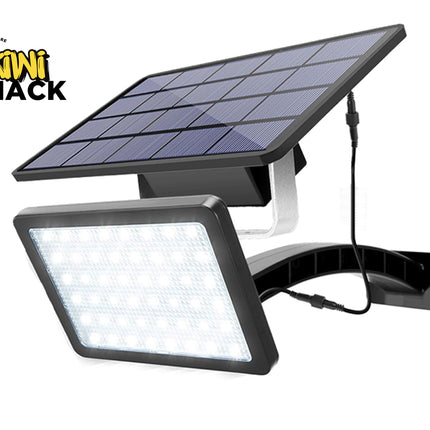 Solar flood light with solar panel on a white background, featuring the Kiwi Shack brand.