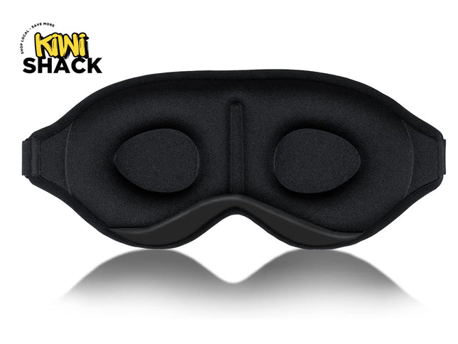 Black eye mask with Kiwi Shack logo on a white background