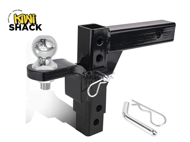 Towing hitch with ball and shank on a white background, featuring Kiwi Shack logo.