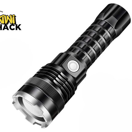 Black flashlight with Kiwi Shack logo on a white background