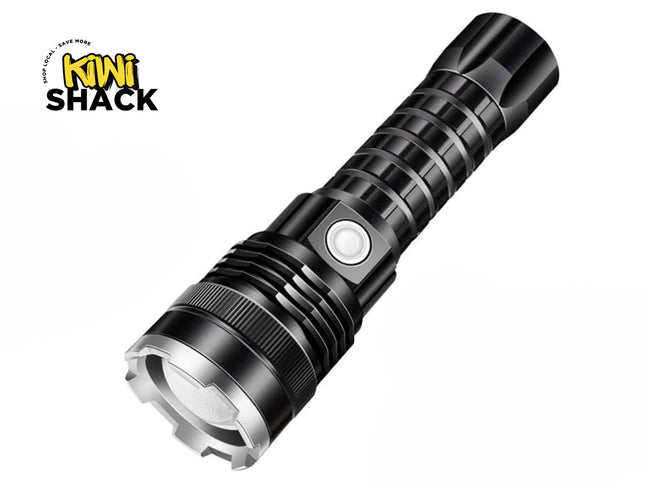 Black flashlight with Kiwi Shack logo on a white background