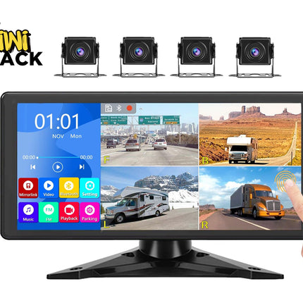 Monitor displaying multiple camera views with 'Kiwi Shack' branding above.