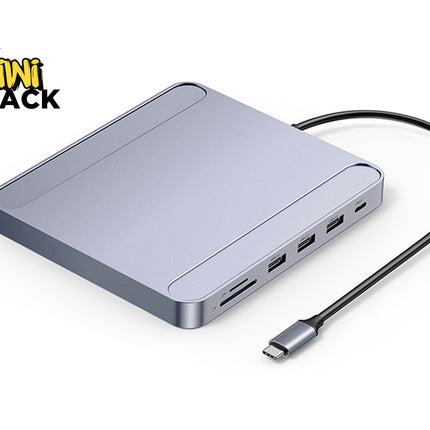USB hub with multiple ports and a cable on a white background, featuring the Kiwi Shack brand.