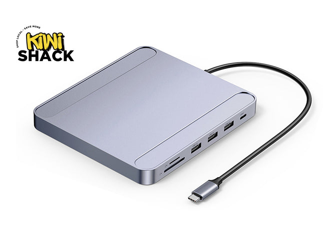 USB hub with multiple ports and a cable on a white background, featuring the Kiwi Shack brand.